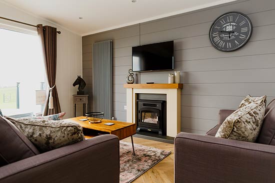 Contemporary living area of a Holiday home Rental lodge Glastonbury